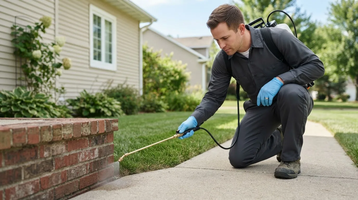 Pest control technician treating a home near Mulberry, IN