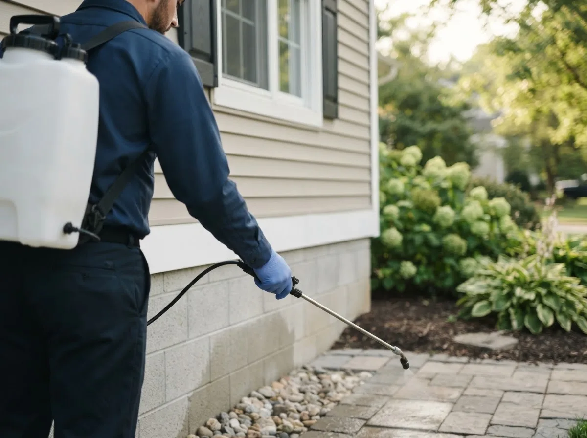 Pest control technician inspecting a home in Mulberry, IN